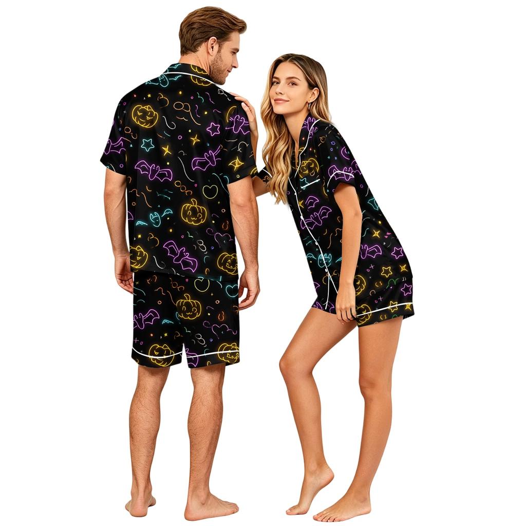 Couple Matching Halloween Pajama Set Short Sleeve Button Down Shirt and Shorts Sleepwear Soft Casual Lounge Wear S-XXXXL
