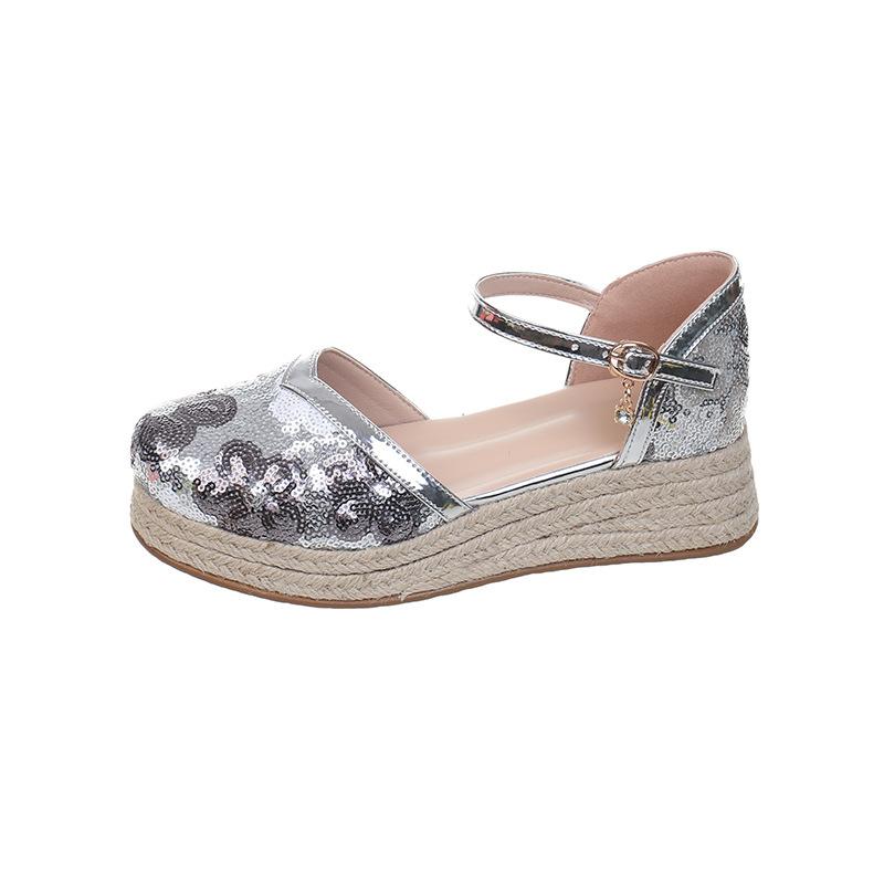 Fashion Women's Thick-soled Sandals New Style Women's Sandals with Buckle, Fashionable Sequined Toe Cover and Thick-soled Women's Shoes