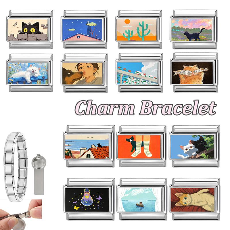 Y2K Lovely Animals Cat Dog Rabbit Moon Butterfly Flower Cactus Italian Charm Fit 9mm Stainless Steel DIY Making Bracelet Jewelry