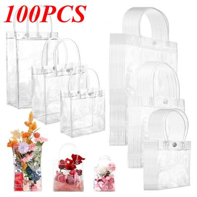 100 STÜCKE Wiederverwendbare Transparente PVC-Plastik-Tragetasche mit Transparentem Griff Schöne Geschenktasche für Hochzeitsfeier Geburtstag Verpackungsbeutel