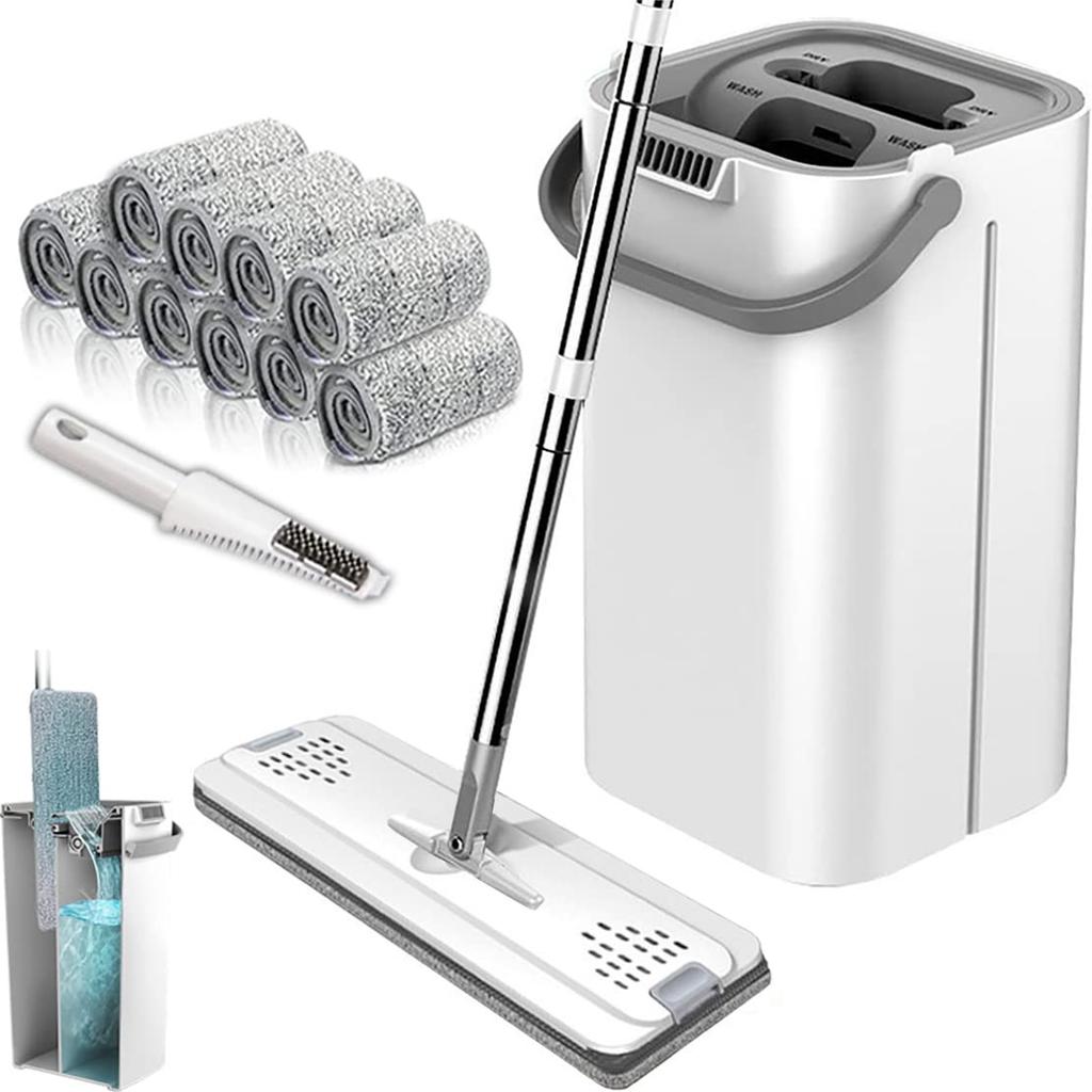 YartanXing Wet Mop Floor Mop Mop Wipe Cleaning Flat Mop with Mop Wringer and Bucket 10 Replacement Mop Pads No Hand Washing Required No Bending No