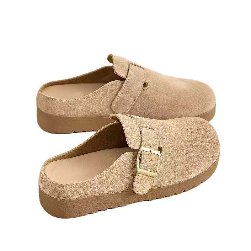 2024 Women's Fleece Half-Slippers: Closed-Toe Flat Birkenstock Style, Perfect for Pregnant Women & Outdoor Wear