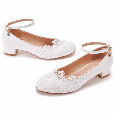 Large Size 3 Cm Square Heel Round Toe Single Shoes One-line Wristband Single Shoes Spring and Autumn Lace Wedding Shoes Women's White Shoes