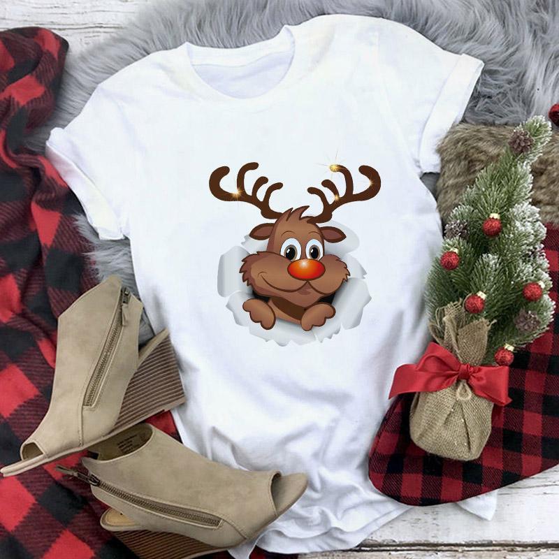 Cute Reindeer T Shirt Women Fashion Christmas Harajuku Short Sleeve T Shirt White Suitable All Seasons