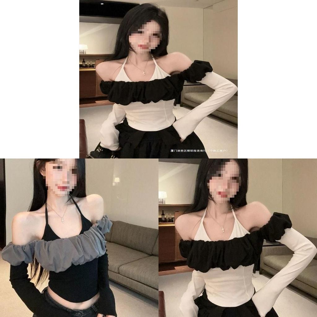 Private Style Oversize Oneshoulder Blouse With Color Block Ruffle For Autumn Wear