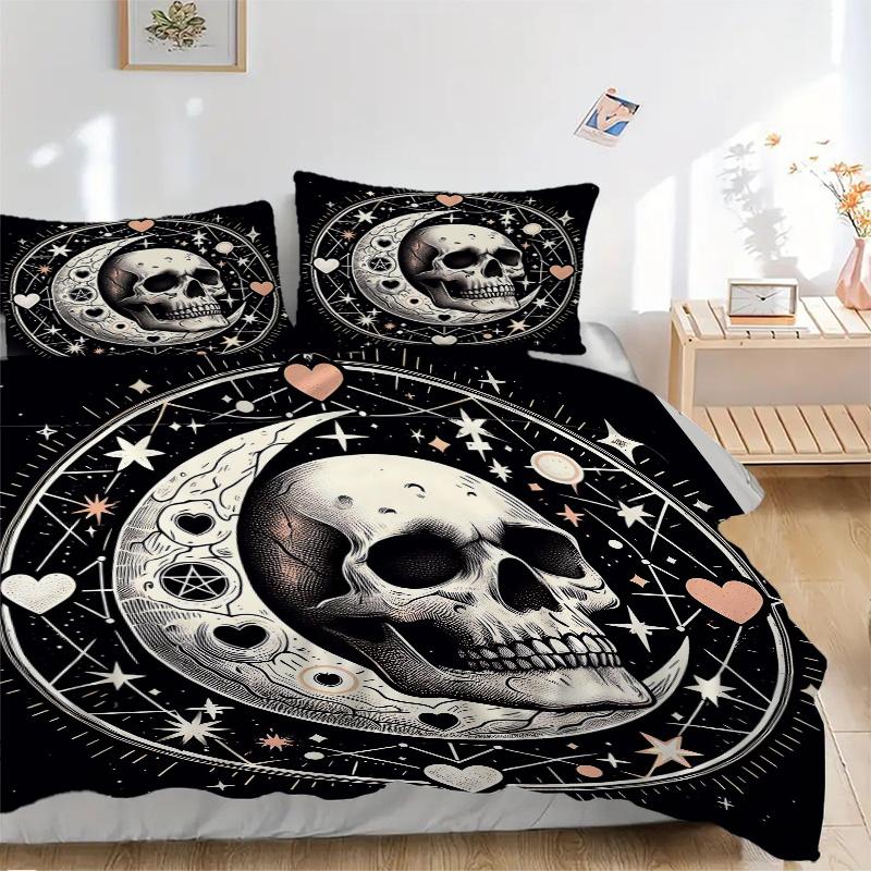 3pcs A Gothic Moonlit Skull Pattern Bedding Three-Piece Set (No Fillings), Suitable for Bedrooms and Guest Rooms.J004