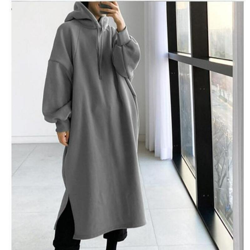 Addensare Autunno Inverno Donna Felpa Oversize Vestito Lungo Monocolore Moda Manica Lunga Abbigliamento Femminile Spacco Casual Vestiti Larghi