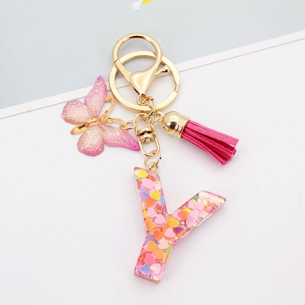 Fashion A-Z Letters Acrylic Keychain for Women Pink Butterfly Tassel Alphabet Car Key Ring Bag Charms Accessories Gift Jewelry