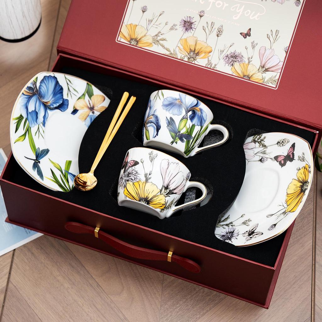 Exquisite Bone China Coffee Cup & Saucer - Hand-Painted Blooming Iris, Ideal Birthday Gift