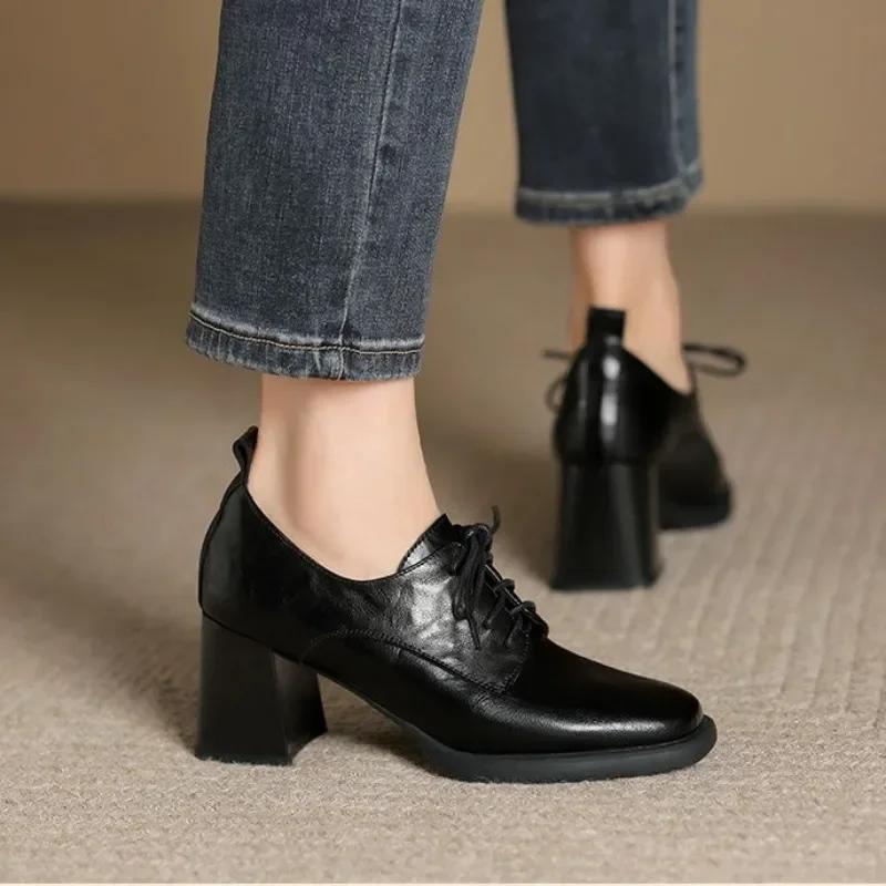 Móda 2025 Nové Vintage Pravá Kůže Dámské Dámské Šněrovací Platforma Jednoduché Silné Vysoké Podpatky Jarní Boty
