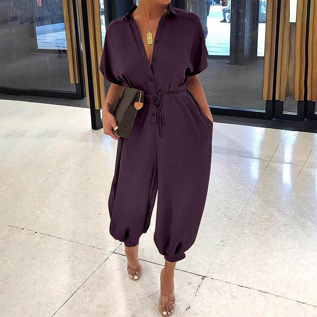 Women's Summer Short Sleeve Jumpsuit Casual Comfort Loose Jumpsuit