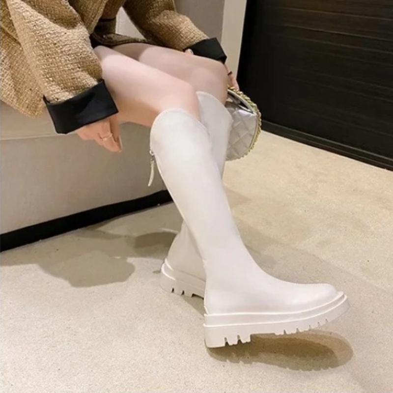 Fashion Elastic High-Cut Boots Women's Spring Autumn round Toe Thick Heel Knight Style Knee-High Boots Comfortable Breathable Leather