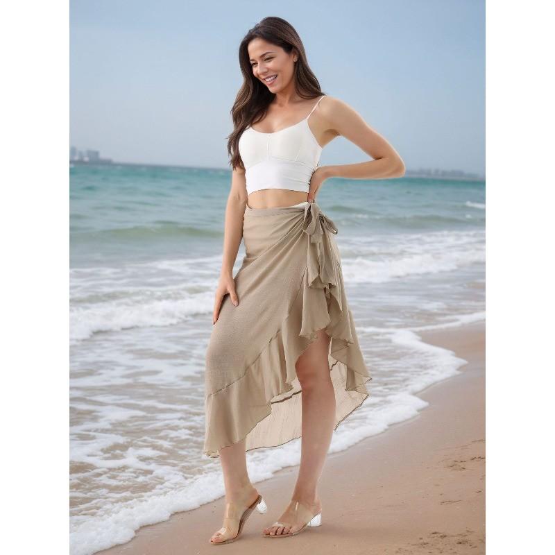

Qooth Beach Vacation Sheer Sarong Wrap One-Piece Ruffle Hem Sun Cover-Up Bikini Scarf for Women QT2899 хакі