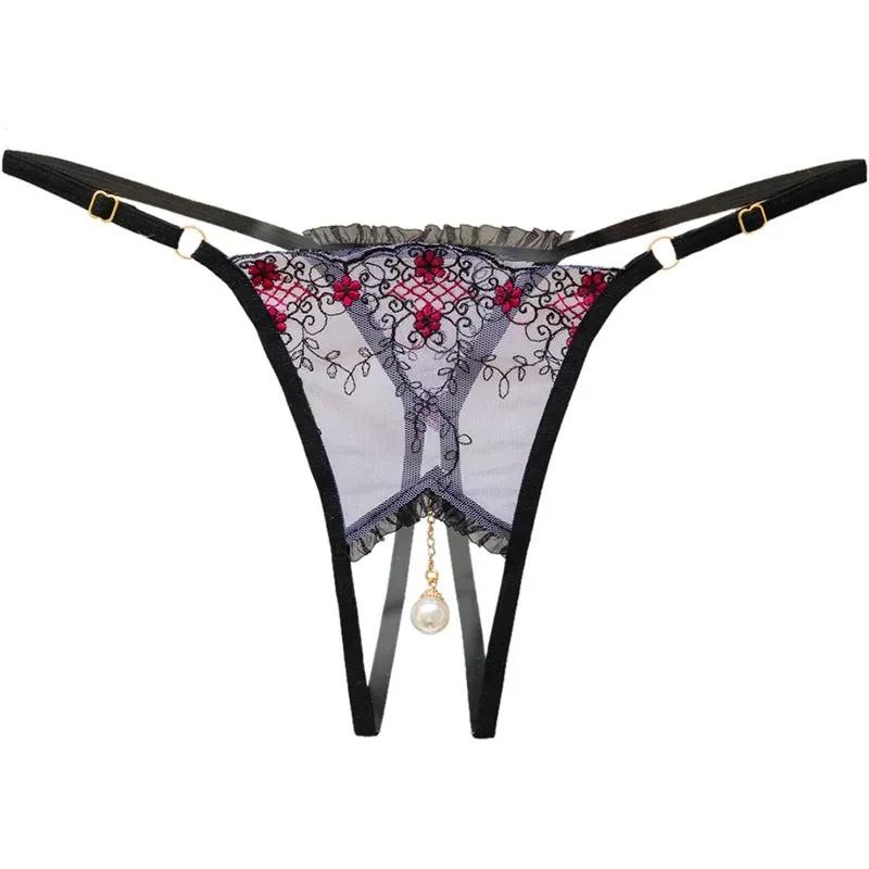 Pearl Pendant Open Thongs Women Underwear Crotchless Embroidery G String Tanga Briefs Lace Transparent Sexy Lingerie