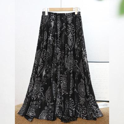 Bailuyu French Retro Botanical Print Pleated Maxi Skirt