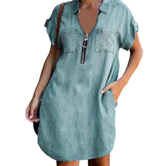 Mini vestido de mujer Cremallera Decoración Solapa Mangas cortas Bolsillos de parche Dobladillo irregular Color sólido Suelto Por encima de la rodilla Vestido casual de verano para mujer