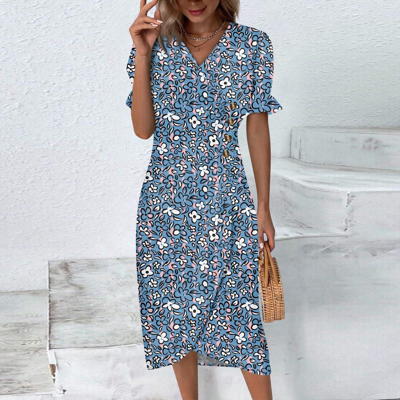 

Женское летнее повседневное платье с v-образным вырезом и трапециевидным вырезом в стиле бохо, платье с цветочным принтом и воланами, с запахом и подолом M синий
