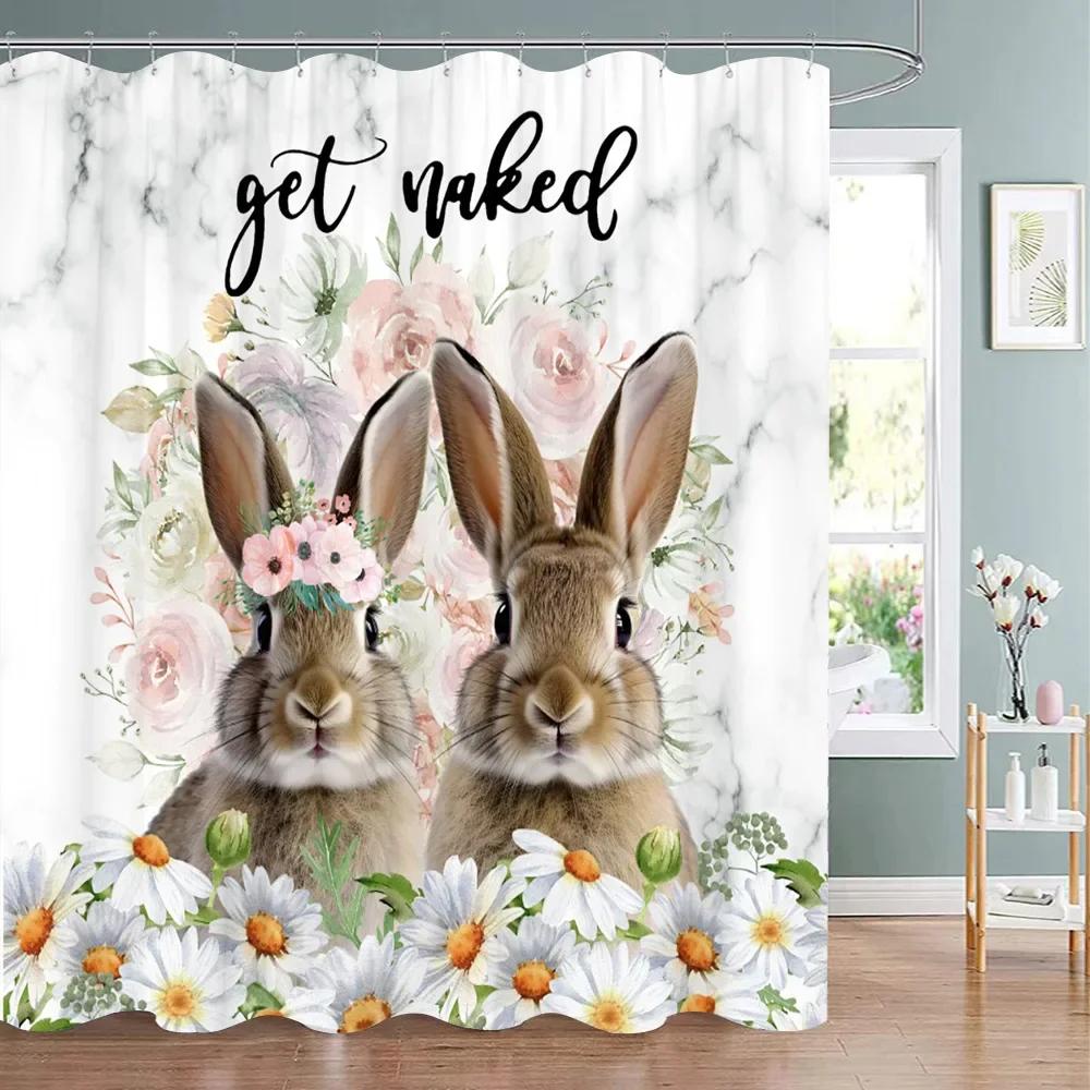 Happy Easter Bunny Shower Curtain Farm Truck Bunny Eggs Butterfly Elf Washable Polyester Fabric Hanging Curtains Bathroom Decor