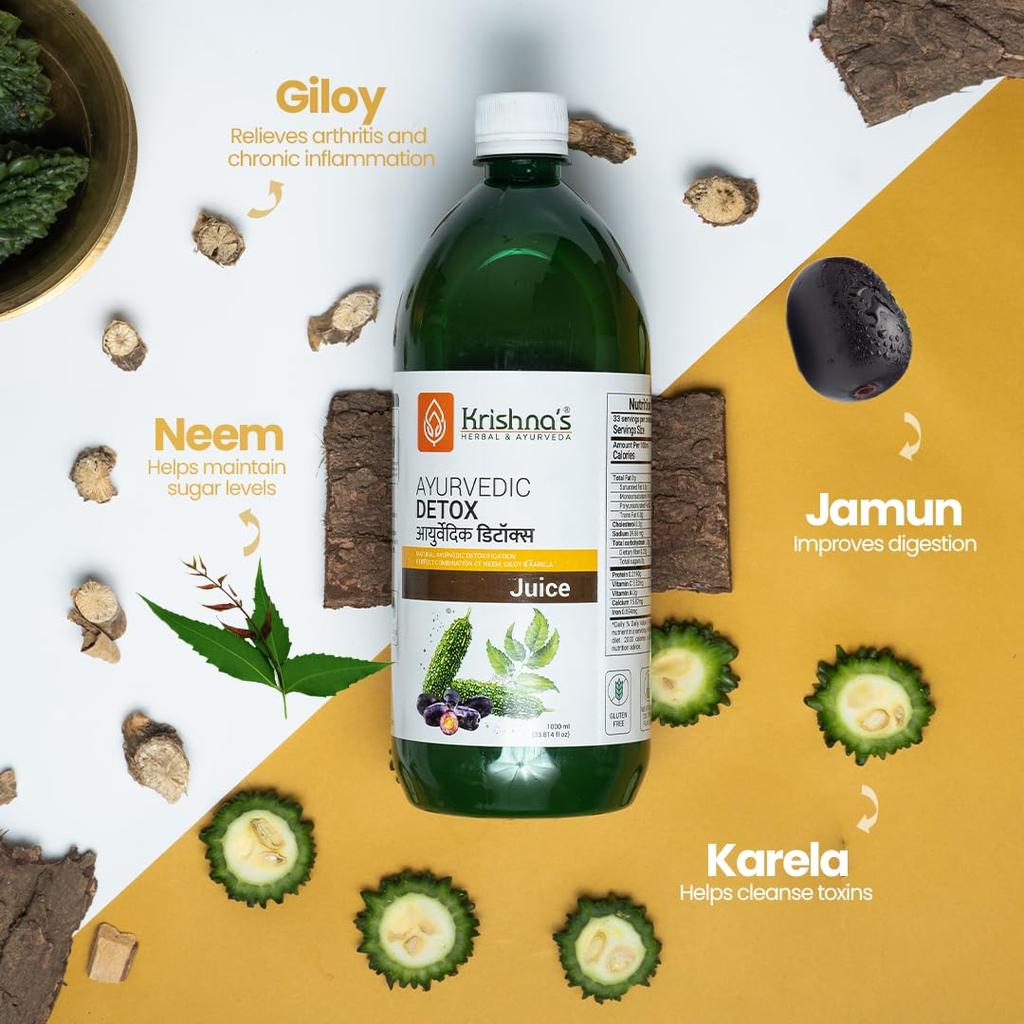 KRISHNA'S HERBAL & AYURVEDA Ayurvedic Detox Juice 1000 ml Karela Jamun Neem Giloy for Liver Detox & Body Cleansing