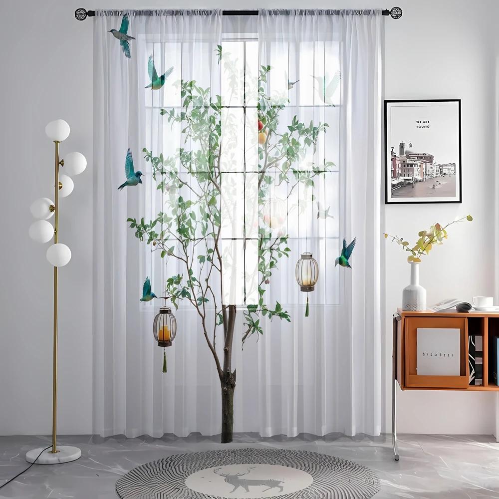 Set Of 2 Hd Digital Hundred Birds Hanging Clock Tree Printed Window Valance Home Decorating Style Decorative Living Room Bedroom Curtain Polyester