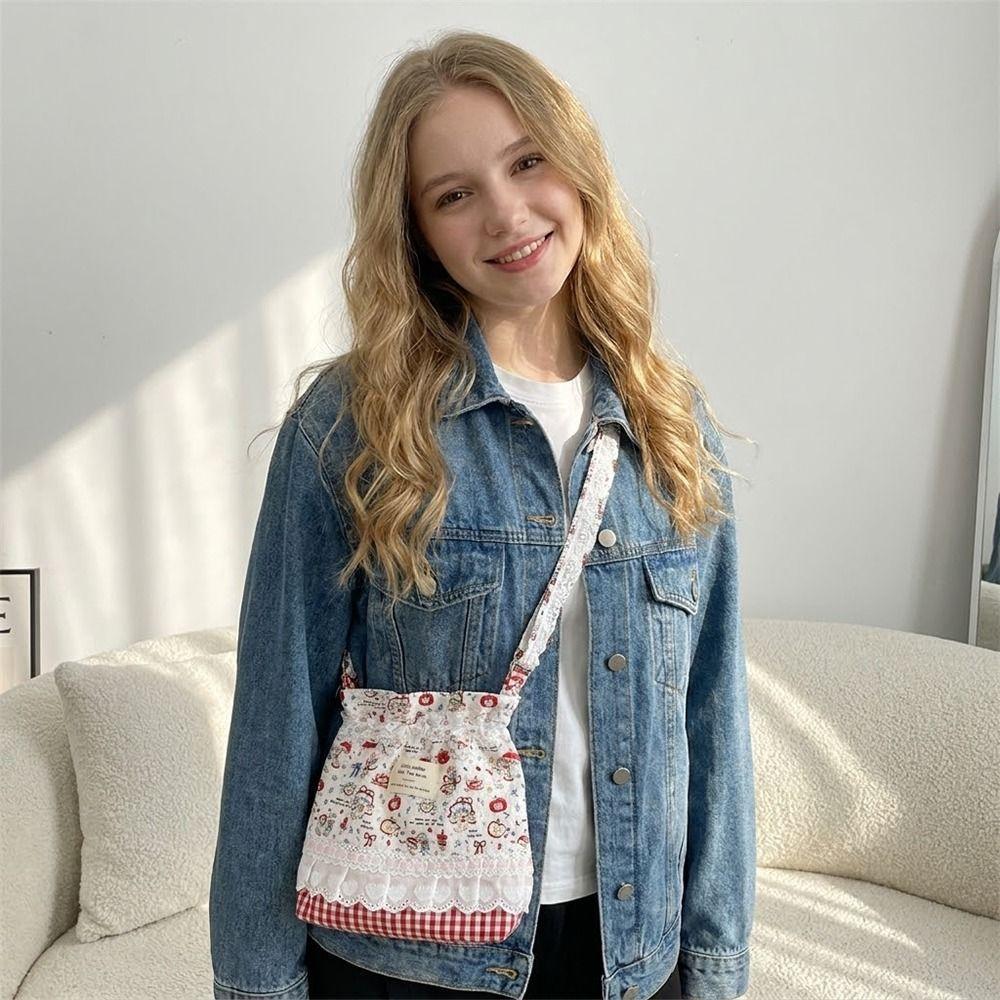 Floral Plaid Lace Shoulder Bags Cartoon Pattern Multicolor Drawstring Shoulder Bags Canvas Long Belt Crossbody Bag Daily Use