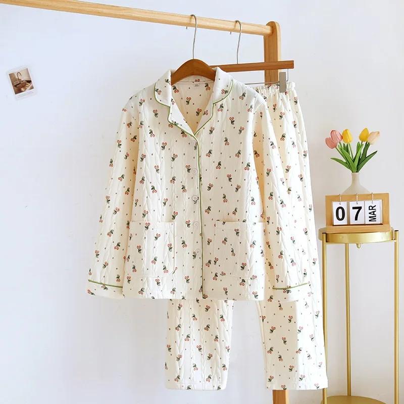 New Women's Pajamas Suit Thick Warm Cardigan Winter Pyjamas Sets Long Sleeve Flower Print Home Clothes Sleepwear