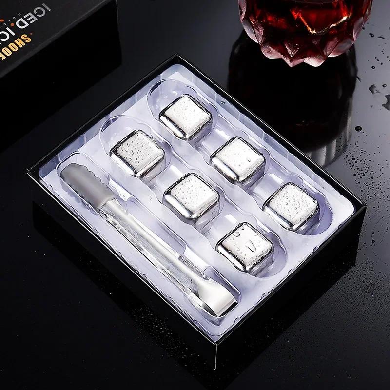 6Pcs Stainless Steel Ice Block Set with Ice Clamp Reusable Ice Stones Whiskey Wine Cooling Cube Bartenders Tools Accessories