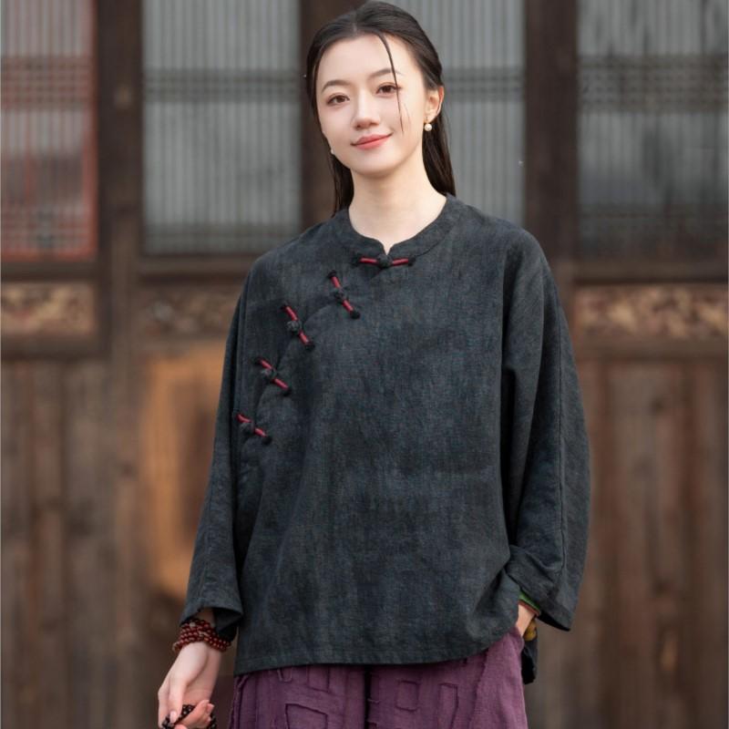 

Johnature Женские винтажные рубашки Топы Весна Пуговица Длинный рукав Однотонные Блузки в китайском стиле One Size чёрный