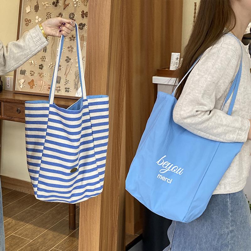 Lässige Damen-Canvas-Schultertaschen mit großer Kapazität, gestreiftes Design, Damen-Einkaufstasche, Sommer, Strand, Mädchen-Handtaschen, Strandtasche