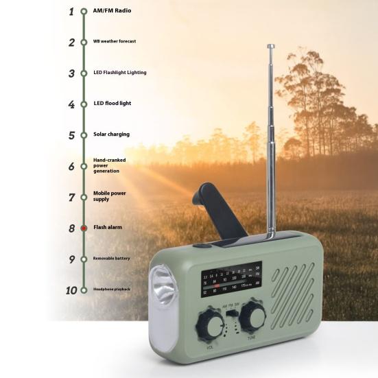 רדיו חירום עם פנס רב-תכליתי קומפקטי נייד אזעקת SOS פס AM/FM רדיו נטען באמצעות ידית סיבובית