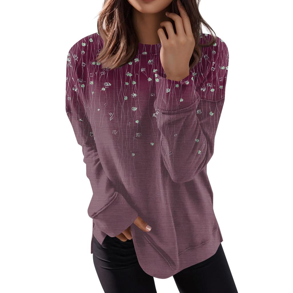 Women's Round Neck Tops Cotton Women's Casual Fashion Print  Long Sleeve O-Neck Pullover Top Blouse