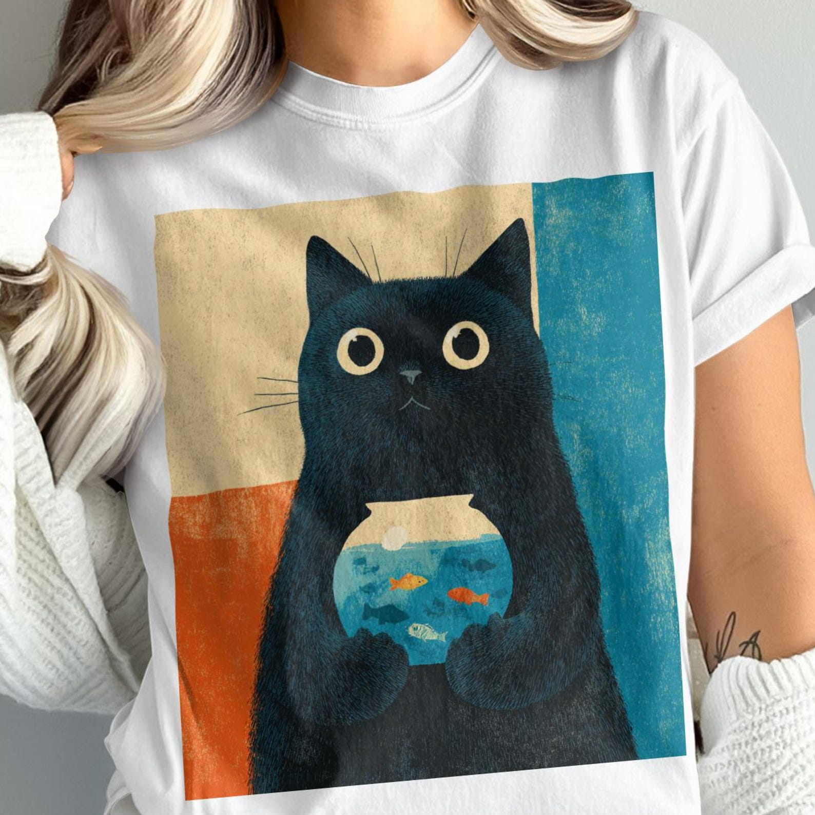 Funny Black Cat Holding Fishbowl T-Shirt | Retro Vintage Cat Artwork Tee | Quirky Funny Cat Graphic Shirt S