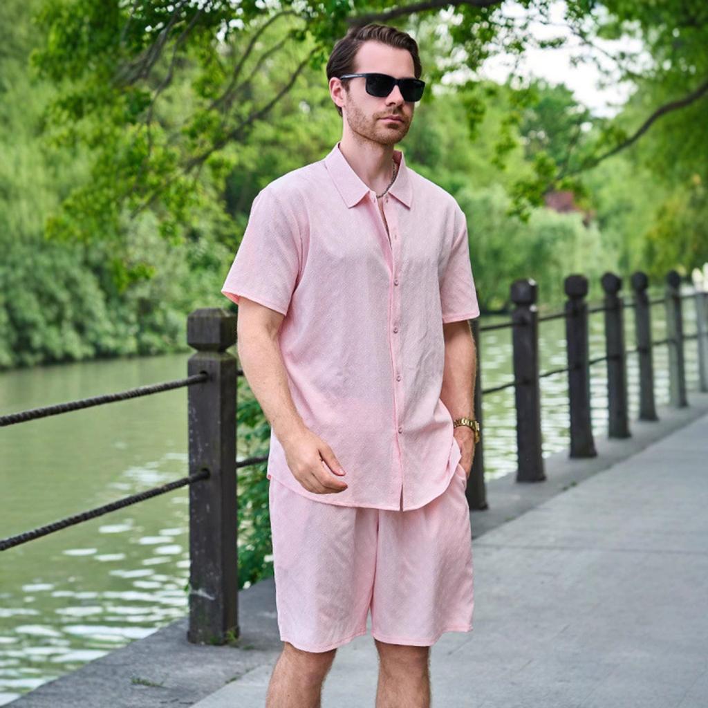 Stand-up Collar Button Short-sleeved T-shirt, Shirt And Shorts Set