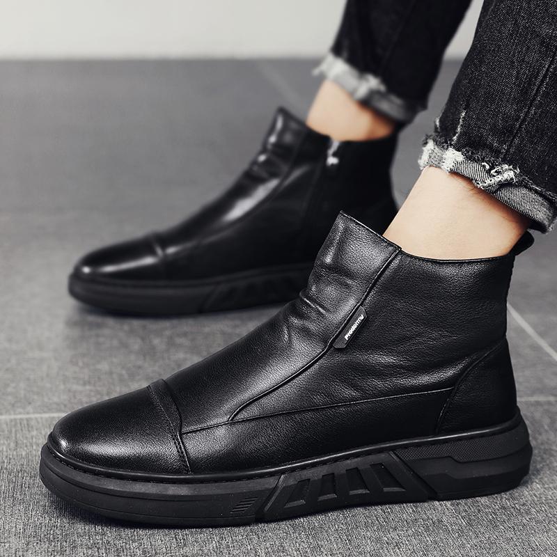 Fashion Winter Men Leather Boots for Man Warm Plush Inside High Tops Leather Casual Shoes Platform Snow Ankle Thick Plush Cotton Shoe