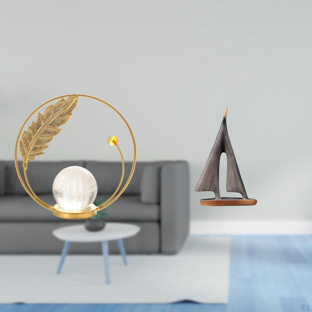 Crystal Ball Sailing Boat Sculpture Metal Figurine Desk Indoor Ornament Statue Stand Decorative Art