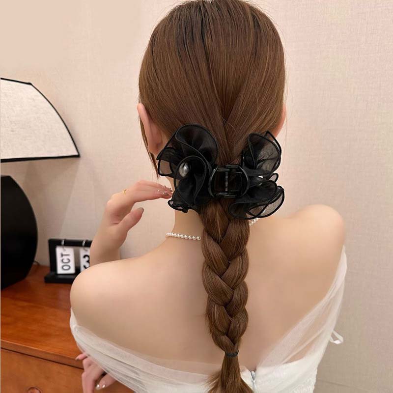 Vintage Schwarze Netzblume Perle Haarspange Für Damen Elegant Schleife Pferdeschwanz Zopf Haarspange Kopfschmuck Haarschmuck