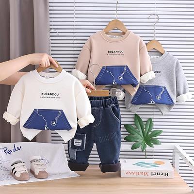 Gutter langermet todelt sett, 0-5 år barns trykt fleece hettegenser+casual denimbukser sett