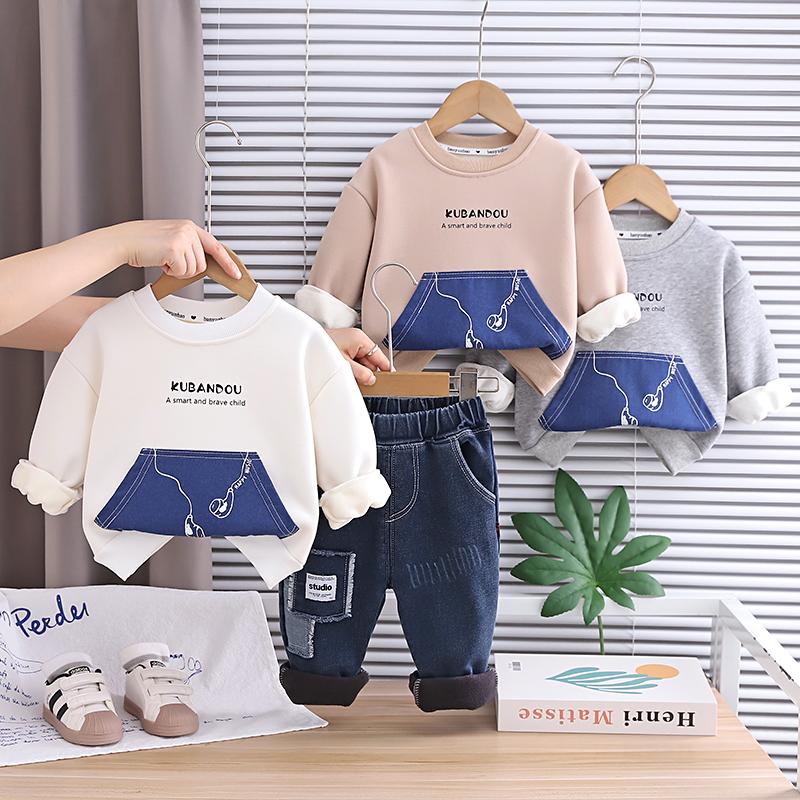 Boys' long sleeved two-piece set, 0-5-year-old children's printed fleece hoodie+casual denim pants set