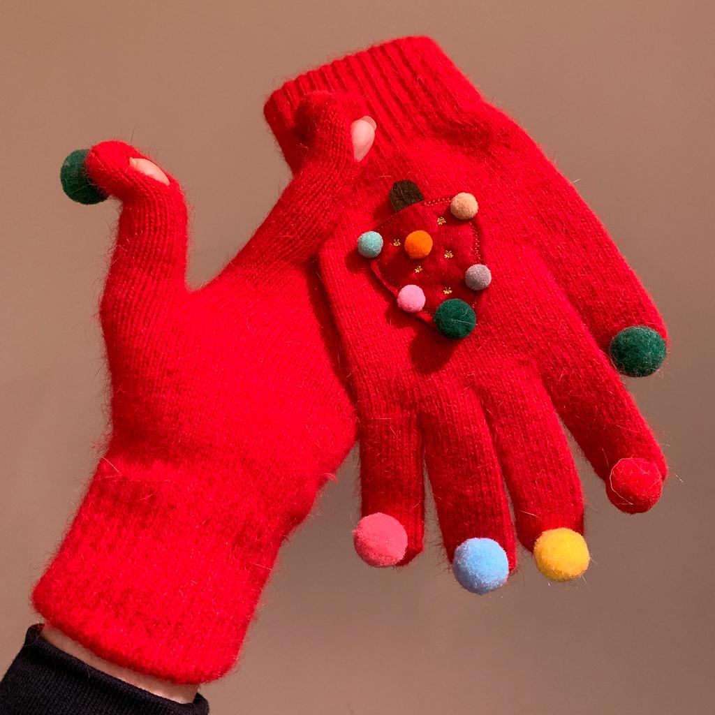 Cute Creative Red Christmas Tree Knitted Gloves for Women Winter Five Finger Warm Plush Windproof and Cold Proof Cycling Christmas