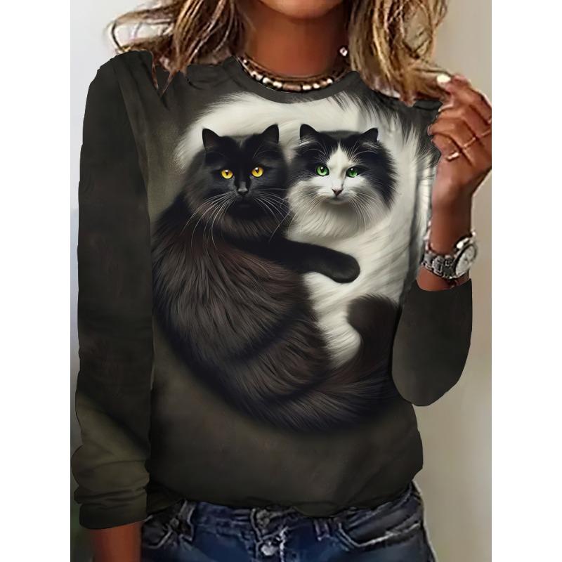 Camiseta de Otoño para Mujer de Manga Larga Estampado de Gato Lindo Calle Casual Cuello Redondo Jersey Ropa Oversize