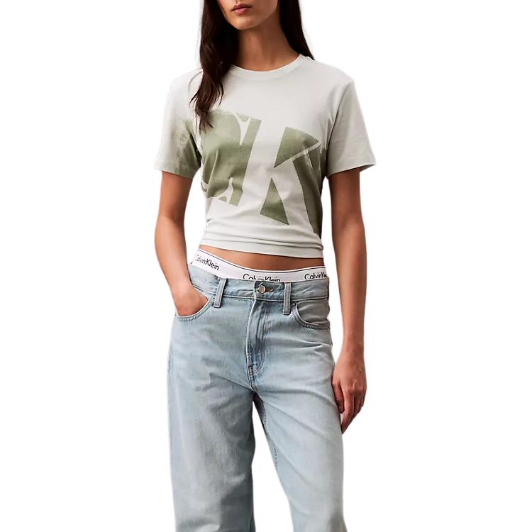 

Calvin Klein Round Neck Simple Comfortable Casual Twill Letter Logo Pattern Short Sleeve T-Shirt Women Tops Smoke 40900WP-030 XS
