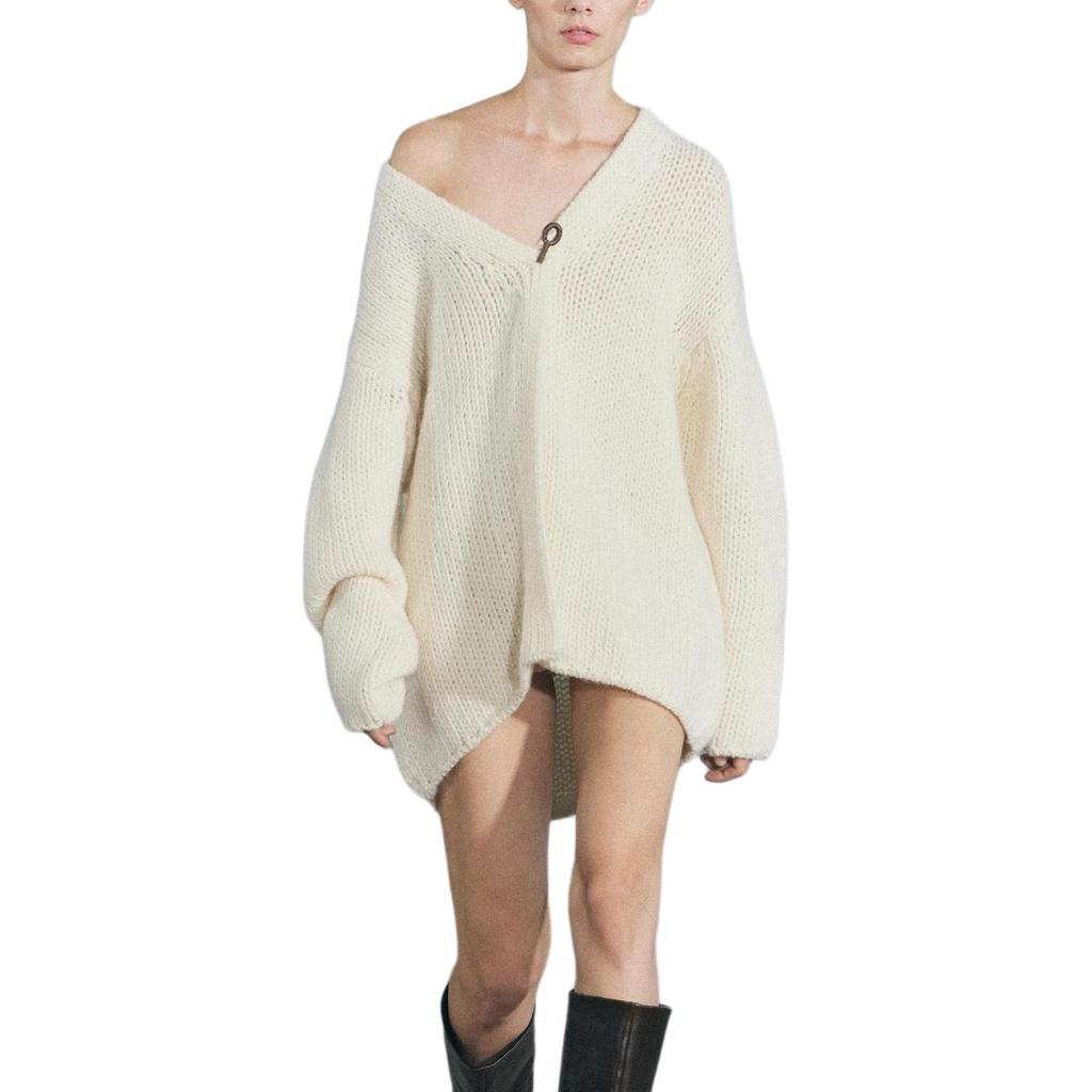 Zara Solid Color V-Neck Long Sleeve Cardigan Drop Shoulder Sweater Women sweater Beige 0797101-712