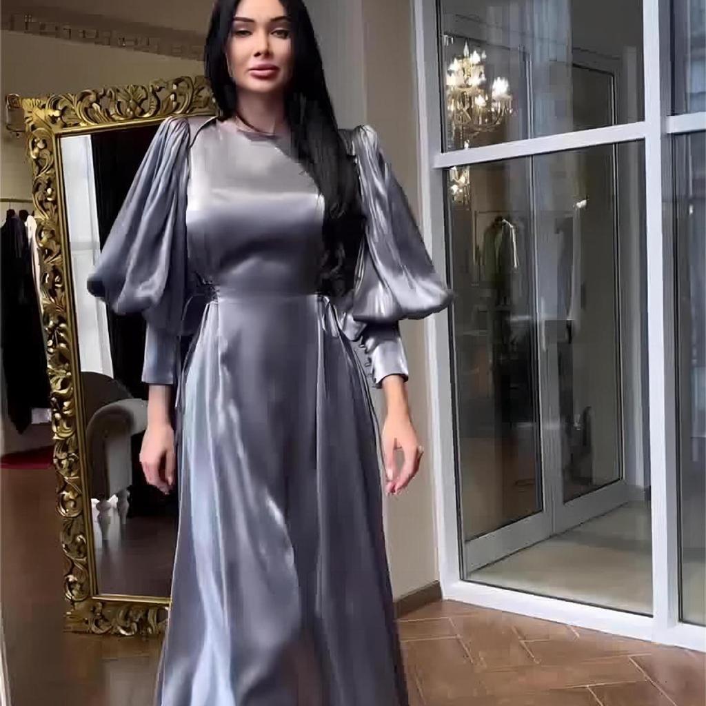 European and American Autumn New Style Lantern Sleeve Long-sleeved Satin Slim-fit Strap Dress Long Dress for Women