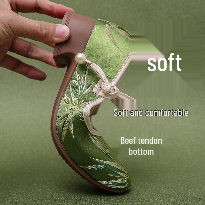 Women's Chinese Style Qipao Cloth Shoes – Round Toe, Low-Cut, Mid-Heel Dance Wedges