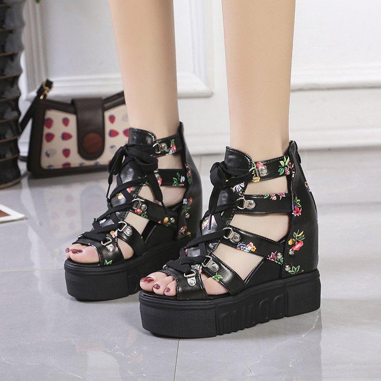 New Luxury Women's 11cm High Heel Sandals Summer Hollow Inner Height Increase Breathable Thick Bottom Slope Heel Fashion Sandals