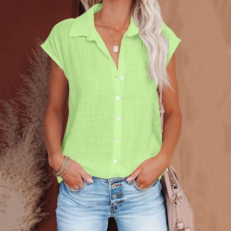 Women Casual Short Sleeve Shirt Summer Solid Color Lapel Top Single Breasted Blouse