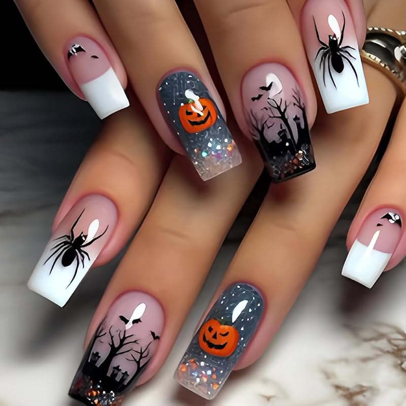 White French Tip Halloween Press on Nails Medium Square Fake Nails with Pumpkin Design Spider Bat False Nail Full Cover Glossy Acrylic Glue on Nail