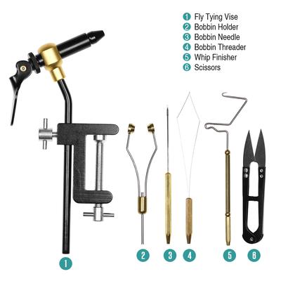 6pcs Fly Tying Tools Combo Kit Fly Tying Vise Bobbin Holder Threader Needle Whip Finisher Scissors