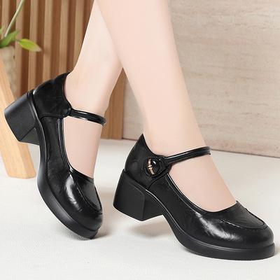 Damen Weiches Leder Hohe Absätze Klobige Absätze Elegante Einzelne Schuhe, Vielseitige Mary Jane Schuhe mit Einem Riemen