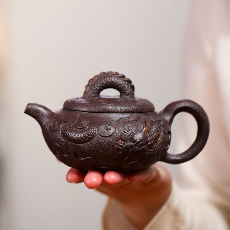 240ml Aesthetic Yixing Purple Clay Teapots Handmade Antique Dragon Pot Raw Ore Purple Mud Tea Making Kettle Zisha Tea Set Tea